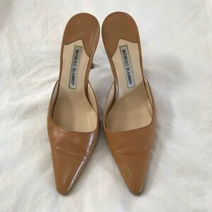 Manolo Blahnik leather mules. Camel/Tan color slip on. Preowned.